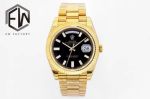 EW Factory Rolex Daydate 40mm 3255 Movement Black Face Baguette Markers Yellow Gold President Band Watch
